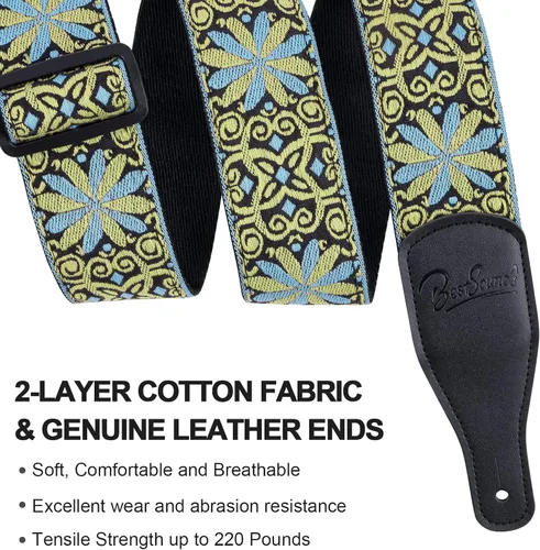 Vista 2 de Correa de guitarra, correas de algodón bordado jacquard con extremos de cuero genuino correa de hombro para bajo, acústico, guitarra eléctrica