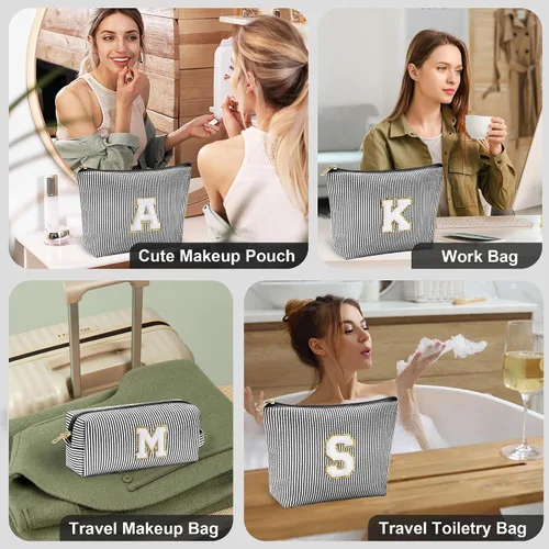 Vista 6 de YOOLIFE Regalos del Día de la Madre para Mujeres, Bolsa de Maquillaje con Iniciales, Bolsa de Maquillaje para Viaje, Bolsa de Maquillaje Negro