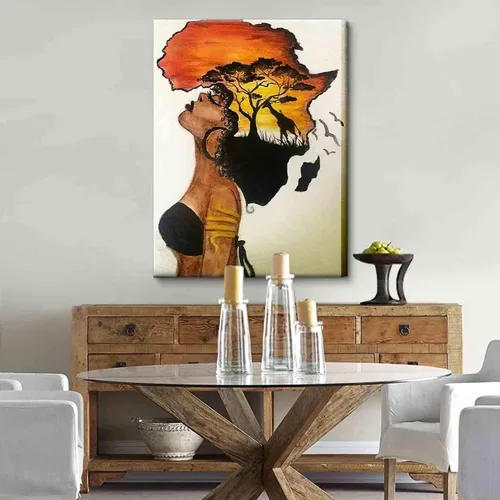 Vista 5 de Arte de pared enmarcado afroamericano, póster de mujer africana nostálgica, pintura en lienzo, niña negra, abstracto, puesta de sol, paisaje