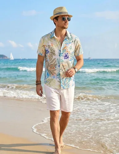 Vista 7 de ZAFUL Camisa hawaiana de manga corta con botones para hombre, estilo casual, tropical, floral, para verano, playa, vacaciones, polo 0_PAT2