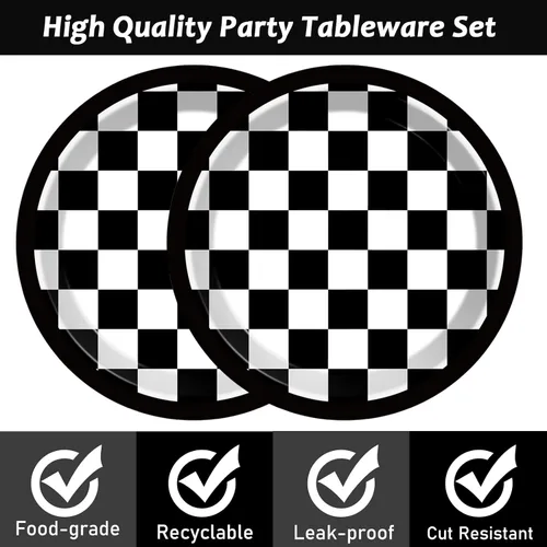 Vista 3 de 48 platos de papel de fiesta con bandera a cuadros en blanco y negro para suministros de fiesta de autos de carreras de 7 pulgadas, platos de postre
