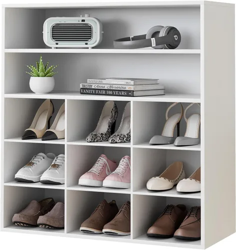 Vista 18 de Garden 4 you Banco de almacenamiento de zapatos, zapatero con 9 cubículos, organizador de zapatos de madera de 3 niveles, armario organizador