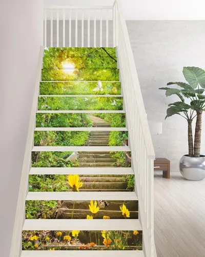 Vista 16 de FLFK Calcomanías para escaleras, calcomanías para escaleras, calcomanías para despegar y pegar, caminos de flores y césped, calcomanías