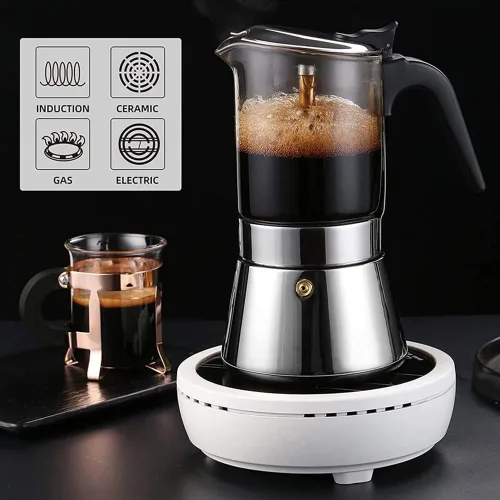 Vista 3 de Máquina de café expreso con tapa de cristal y acero inoxidable, cafetera italiana clásica, olla Moka - 4/6/9 tazas, 12.2 fl oz/12.7oz/9 tazas