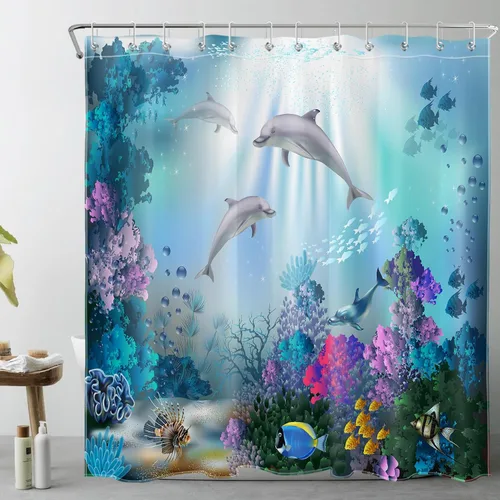 Vista 8 de Dolphin - Cortina de ducha pequeña de 48 x 68 pulgadas, forro de cortina de ducha de tamaño medio océano azul, cortina de ducha estrecha de peces