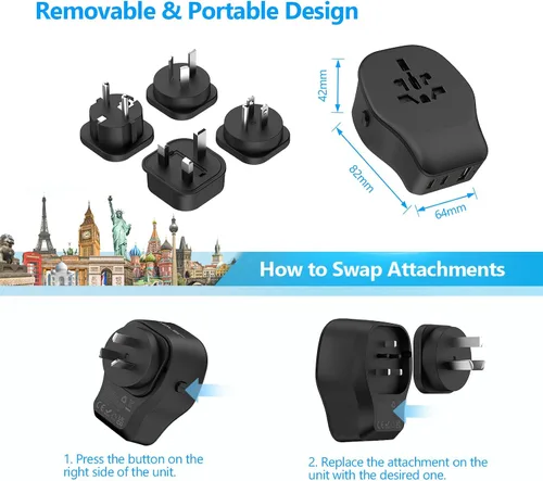 Vista 6 de JSVER Juego de adaptadores de viaje internacional con 3 puertos USB, 1 enchufe de CA, incluye accesorios desmontables tipo B, I, G, E/F para usar