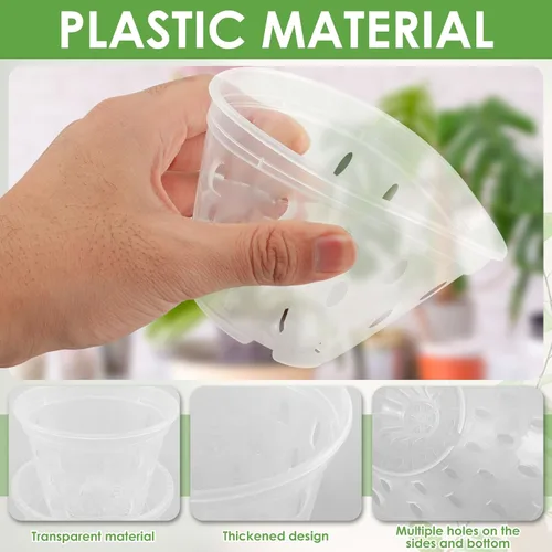 Vista 2 de UKQRRTC 5 macetas de orquídeas para trasplantar, macetas de orquídeas ranuradas transparentes con agujeros y platillos, maceta de plástico