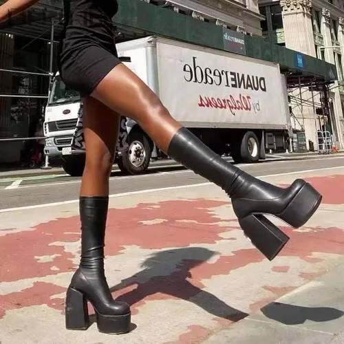 Vista 5 de Botas altas hasta la rodilla para mujer, tacón alto, punta redonda, cremallera lateral, estilo punk, botas de combate para mujer