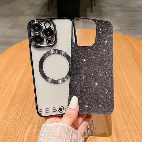 Vista 4 de Funda magnética para iPhone 15 Pro, compatible con Magsafe, funda transparente con purpurina de corazón de amor para mujeres y niñas, protección
