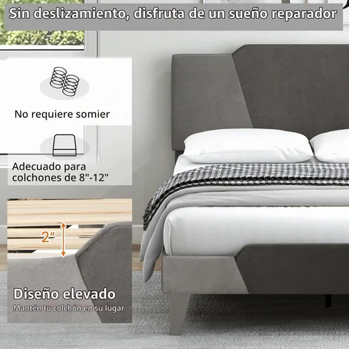 Vista 7 de GIANTEX Marco de cama tapizado de terciopelo completo con cabecero, cama de plataforma moderna con listones de madera fuertes y estribo de 2
