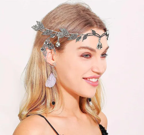 Vista 3 de JeVenis Diadema de corona de elfo de hada, gargantilla de hada, puños de orejas de elfo, accesorios de disfraz de elfo de hadas para Halloween