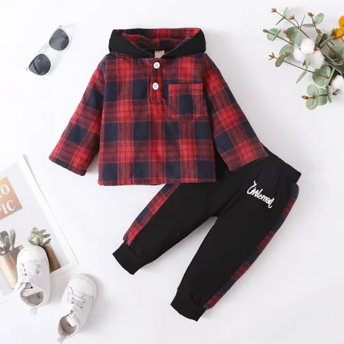 Vista 8 de VOLUOVO Conjunto de sudadera con capucha y bolsillo a cuadros para bebés y niños pequeños