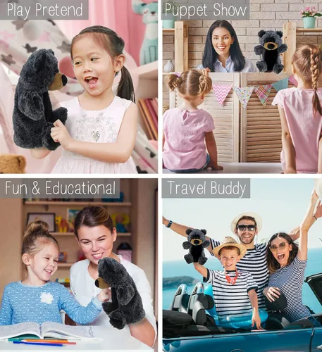 Vista 3 de DolliBu - Marioneta de peluche de oso negro, súper suave, juguetes de peluche de animales salvajes para niños y adultos, lindo oso de peluche negro