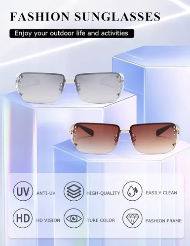 Vista 4 de kimorn Lentes de sol rectangulares para mujeres y hombres, elegantes sin montura y sin marco, modernos lentes de sol retro de los años 90, marco