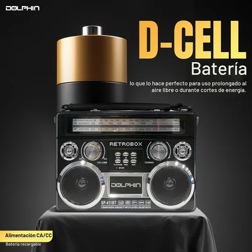 Vista 4 de Dolphin Retrobox - Radio portátil Bluetooth AM/FM/SW con antena