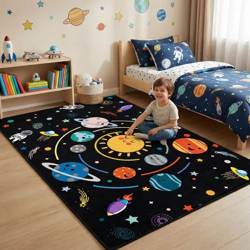 Vista 24 de Alfombra espacial para habitación de niños, alfombra de galaxia para niños, alfombras espaciales para dormitorio de niños, decoración