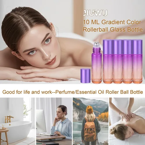 Vista 4 de Paquete de 10 botellas enrollables de aceite esencial de 0.3 fl oz (0.3 fl oz), con bolas enrollables de acero inoxidable y tapa morada, 5 goteros +