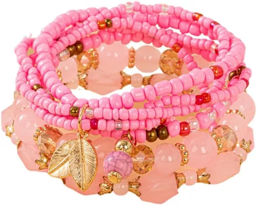 Vista 16 de 4 piezas de juego de pulseras bohemias apilables de múltiples capas con cuentas de cristal coloridas, pulseras elásticas con cuentas de oro Verde