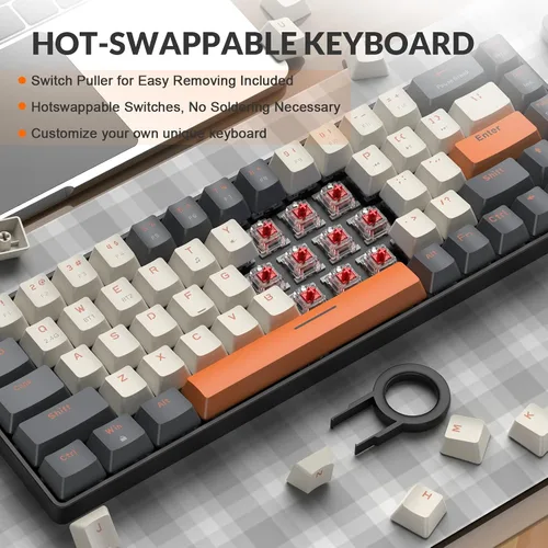 Vista 7 de MAGIC-REFINER RK68 - Teclado mecánico inalámbrico 60 Bluetooth 5024GHz con receptor 2 en 1 de modo dual teclado compacto de 68 teclas