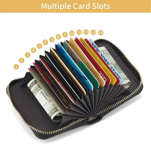 Vista 4 de WOZEAH Billetera pequeña para mujeres con bloqueo RFID, cartera para tarjetas de crédito, cartera de acordeón de cuero con cremallera, Negro