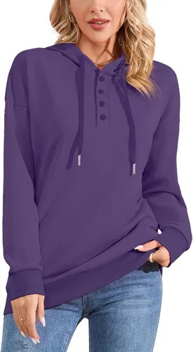 Vista 3 de YSYOKOW Women Hoodies Button Collar Drawstring Hoodie Pullover Sweatshirt Casual Long Sleeve Tunic Tops with Pockets