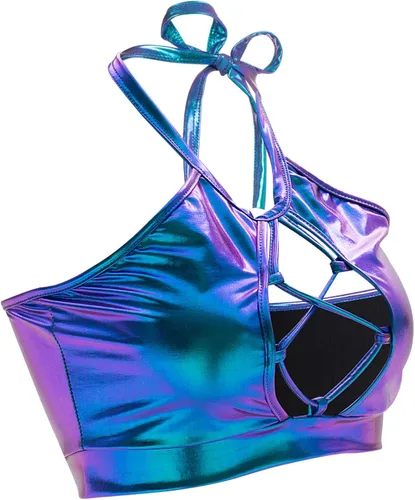 Vista 3 de SFBBCLOZ Conjunto de 2 piezas para mujer con aspecto mojado parte superior corta metálica brillante minifalda para fiesta club festival rave