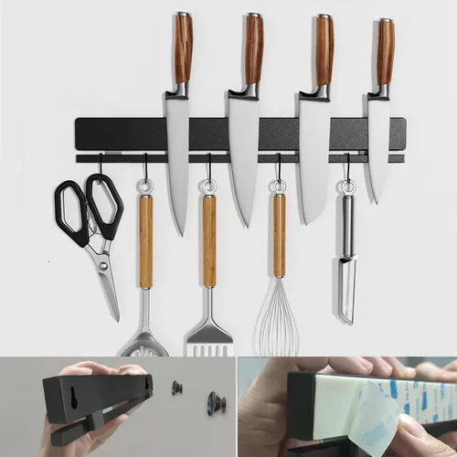 Vista 7 de YIIYIIN Soporte magnético para cuchillos de 17 pulgadas para pared, sin taladro, tira magnética adhesiva para cuchillos con 12 ganchos, varillas