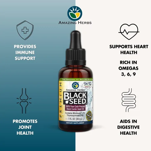 Vista 2 de Amazing Herbs Aceite Premium de Semilla Negra - Sin Gluten, Sin OMG, Prensado en Frío Nigella Sativa Ayuda a la Salud Digestiva, Apoyo Inmunológico