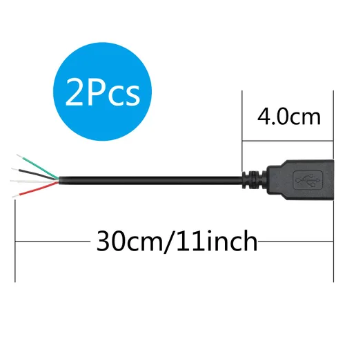 Vista 6 de Cable corto USB A hembra de 4 pines de 11 pulgadas, USB 5V/2A 4 pines Pigtail Cable de alimentación y datos de extremo abierto, para equipo USB