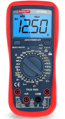 Vista 2 de Multímetro automotriz, True RMS CAT III 600V, probador de voltaje/corriente CA/CC, temperatura/frecuencia/ohmio/ciclo de trabajo, prueba de ángulo
