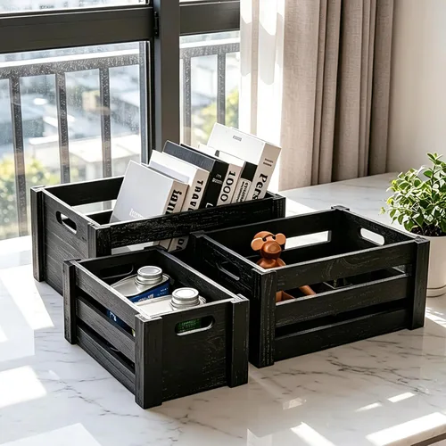 Vista 4 de Cajas grandes clásicas de madera negra para exhibición, conjunto de 3 cajas de madera con asas, cajas de madera hechas a mano estilo rústico
