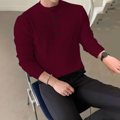 Vista 2 de Camisas de Manga Larga para Hombre, suéter de Punto ligero, suéter informal con botones, ajustado elástico