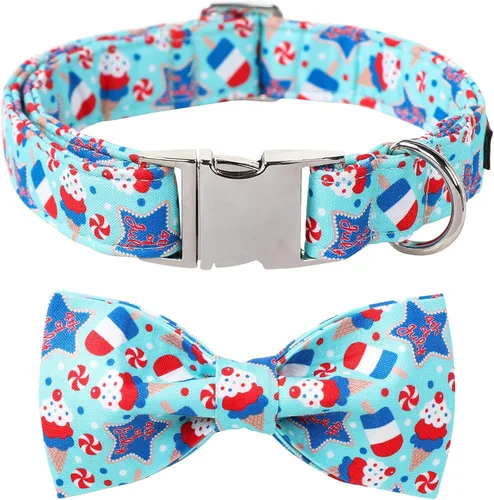 Vista 8 de Maca Bates - Collar de perro con bandera estadounidense del 4 de julio con pajarita para perros, corbatín de 4 de 7 banderas, azul, ajustable