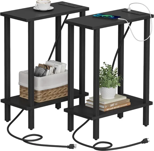 Vista 24 de TUTOTAK - Mesa auxiliar pequeña con estación de carga; mesa lateral estrecha con puertos USB y tomas de corriente; mesa de sofá delgada; mesita