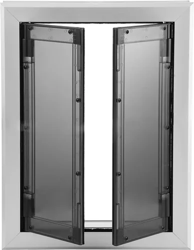 Vista 2 de SmarketBuy Puerta grande para perro, puerta de aluminio resistente a la intemperie con cierre automático, paneles dobles fáciles de instalar, puerta