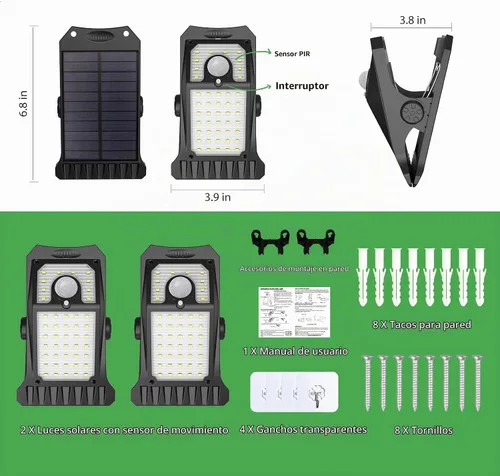 Vista 7 de Tryme 45LEDs Luces solares para exteriores con sensor de movimiento, luces de clip con sensor de movimiento, 3 modos, 3 formas de montaje, luz