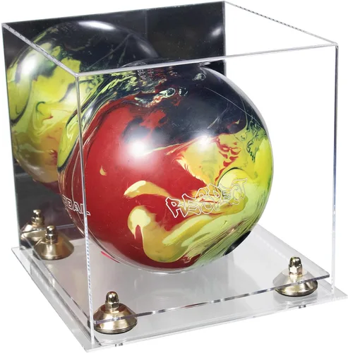 Vista 11 de Better Display Cases Acrylic Bowling Ball Display Case with Mirror Case, Yellow Risers and Clear Base (B33/A028)