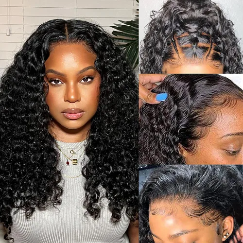 Vista 20 de Pelucas con malla frontal de onda profunda 13x4, cabello humano pre-sacado, 180% de densidad, 9A, sin pegamento, pelucas de cabello humano mojadas