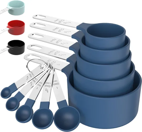 Vista 9 de TILUCK Juego de tazas y cucharas medidoras, tazas y cucharas apilables, tazas medidoras anidables con mango de acero inoxidable, accesorios de Negro
