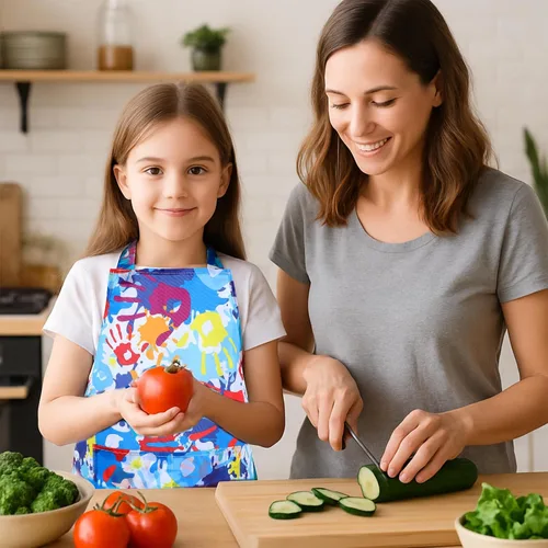 Vista 5 de Prasacco 2 piezas de delantales para niños con huellas de manos arcoíris, delantal de pintura para niños, delantal de arte ajustable para niños