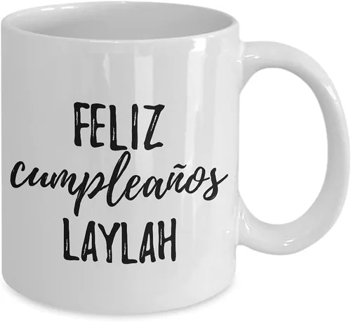 Vista 2 de Feliz Cumpleanos Laylah Mug Spanish Happy Birthday Personalized Name Gift Coffee Tea Cup 11 oz