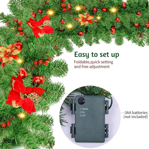 Vista 4 de Guirnalda de Navidad, guirnalda de Navidad con luces, funciona con pilas, 9 pies, de ratán, flores artificiales y vid artificiales de Navidad