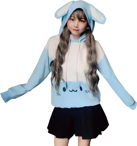 Vista 2 de Packitcute Sudadera con capucha de conejo, estampado kawaii, holgada, casual, sudadera con capucha