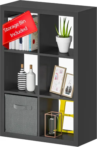 Vista 8 de Estantería con contenedor de almacenamiento, organizador de almacenamiento de 6 cubos, estantería abierta de madera moderna, estante de cubículos