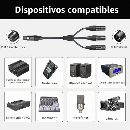 Vista 2 de Cable divisor en Y de 3 pines XLR hembra a 3 machos, cable divisor XLR de 3 vías, equilibrio de 1 hembra a 3 macho, cable de audio para micrófono