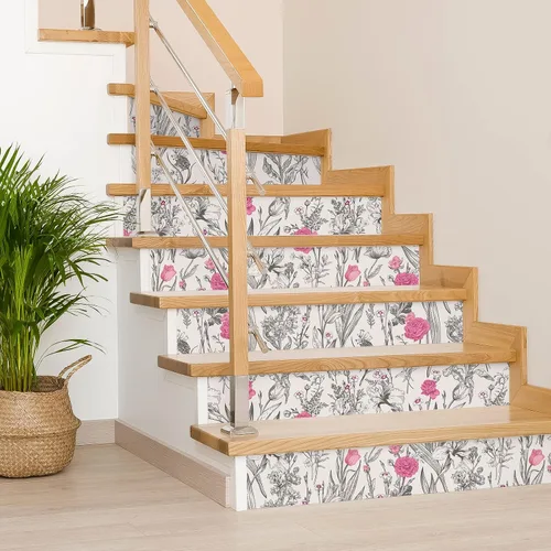Vista 8 de VEELIKE Papel tapiz de dibujo floral gris para despegar y pegar, papel tapiz de flores rosas de 17.7 x 118 pulgadas, papel de pared botánico vintage