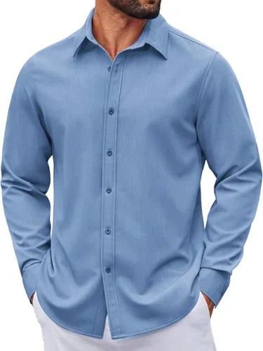 Vista 22 de COOFANDY Camisa de vestir casual de mezclilla con botones y manga larga para hombre