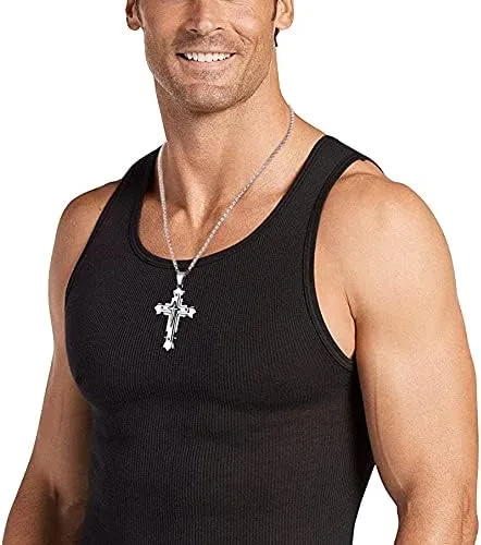 Vista 6 de GOVENUS Collar grande con colgante de cruz de Jesucristo de acero inoxidable, joyería religiosa para hombre, en cadena rolobizantina, plataoronegro