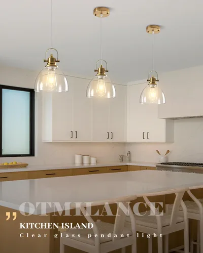 Vista 7 de Luces Colgantes de Vidrio para Isla de Cocina, 7.5 pulgadas Luces Colgantes de Vidrio Dorado 1-Paquete, Lámpara Colgante Moderna con Pantalla