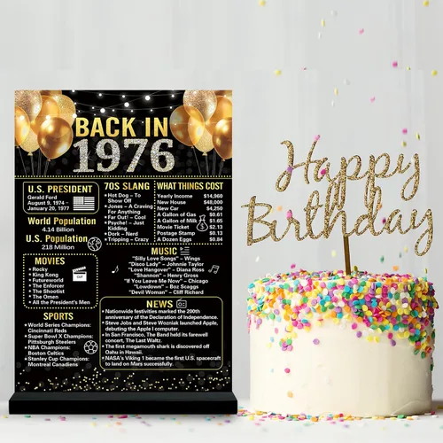 Vista 4 de Trgowaul Decoraciones de cumpleaños n.° 50 para mujeres y hombres, cartel de cumpleaños en acrílico negro y dorado de regreso en 1976 con soporte